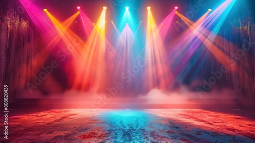 Empty glamorous stage with bright background for award show, stage lighting with spotlights for theater performance or entertainment show