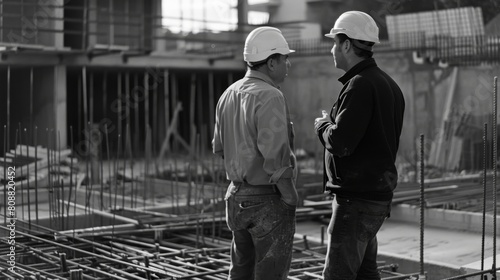 Two engineers in hard hats are deeply engaged in a discussion over construction plans at a busy building site.