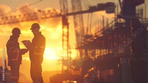 A construction team, silhouetted against a dramatic golden hour sky, reviews plans and tools on a busy urban construction site.