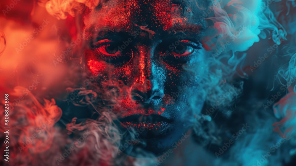Frontal portrait of a woman illuminated in dark red and black and surrounded by smoke Frontal portrait of a woman illuminated in dark red and black and surrounded by smoke