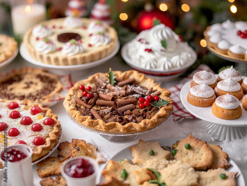 A table full of different types of pies and other desserts. The table is decorated with Christmas lights and ornaments