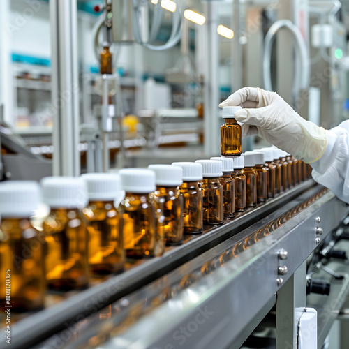 Pharmacist scientist with sanitary gloves examining medical vials on production line conveyor belt in pharmaceutical healthcare factory manufacturing prescription drugs medication