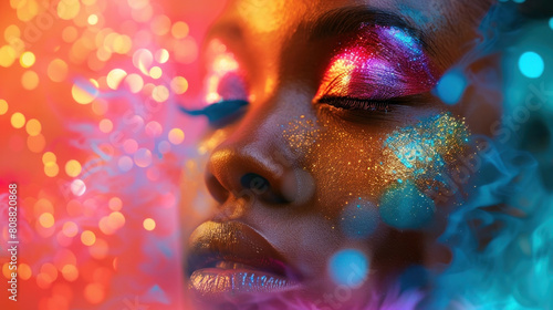 Portrait of a colored woman with gold glitter on her face surrounded by colored light