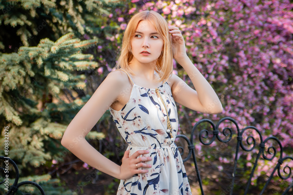 Portrait of a young attractive woman posing against the background of blooming sakura flowers. Portrait of a young attractive woman posing against the background of blooming sakura flowers.