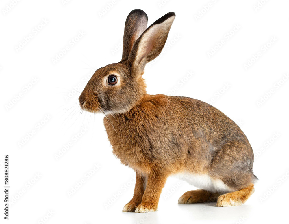 Fototapeta premium Feldhase auf vier beinen isoliert auf weißen Hintergrund, Freisteller