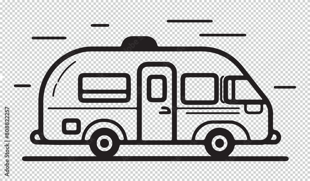 Black line art design of caravan camping, vector illustration on transparent background