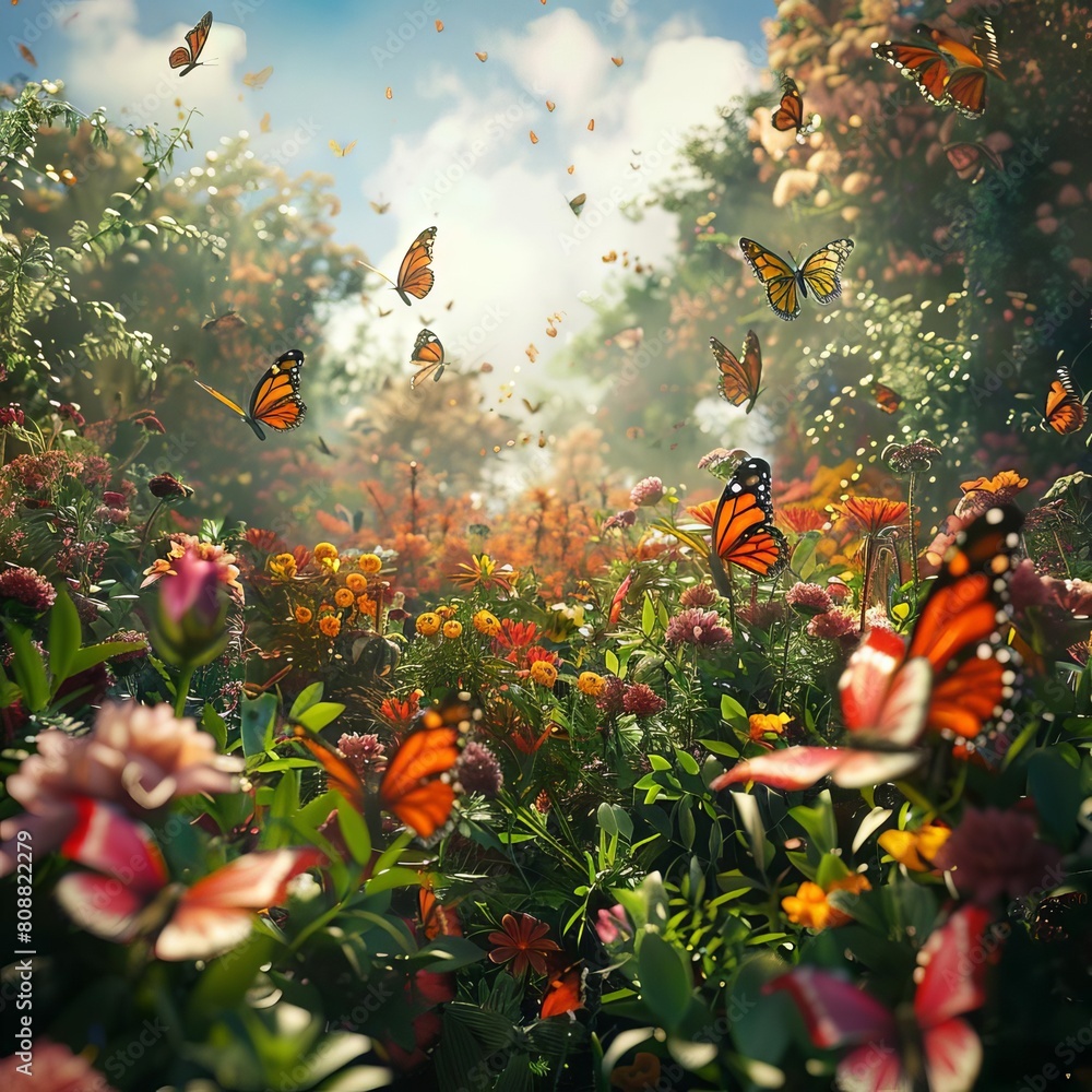 A field of flowers with butterflies