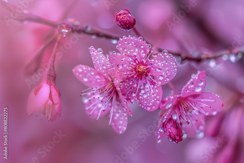 close up view of blossoming pink flowers of cherry tree, banner. photo