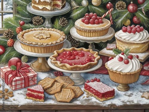 A table with a variety of desserts including pies, cakes, and cookies. The table is decorated with Christmas ornaments and a gift box