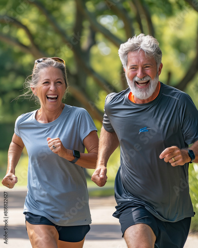 Portrait shot of older couple running together in the park, in the style of joyful and optimistic