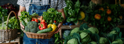 Young farmer holding a large basket with vegetables Close-up of hands and basket. Tomatoes, eggplants, cucumbers, peppers, broccoli.