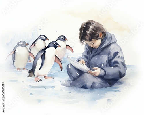 marine biologist feeding penguins in an oceanarium photo