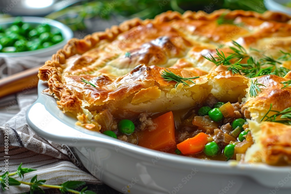 Close Up of Meat and Potato Pie With Carrots on Table