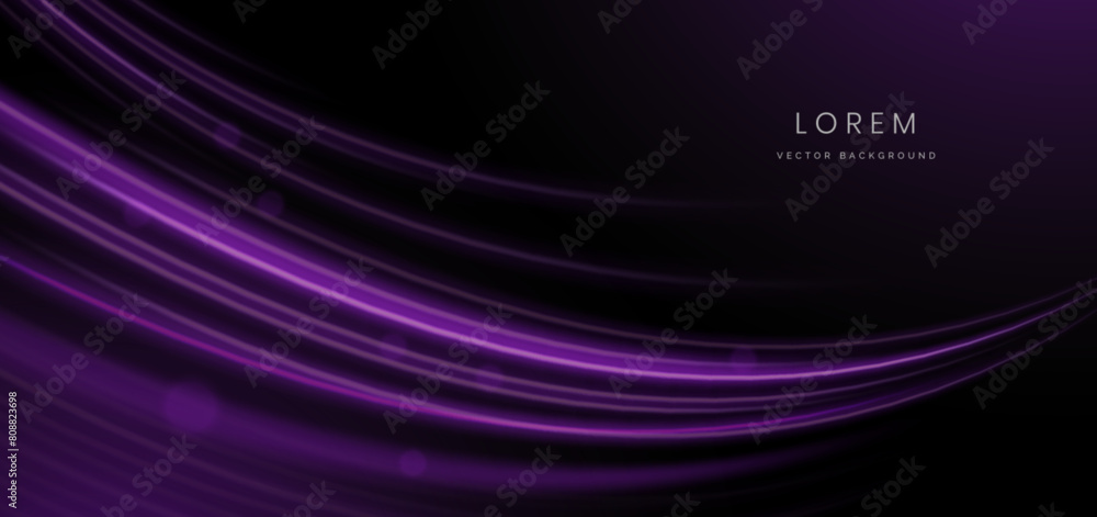 Abstract purple curved light lines rays on black background with lighting effect and bokeh. Abstract purple curved light lines rays on black background with lighting effect and bokeh.