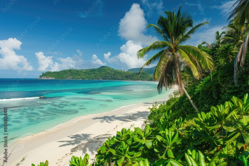 Azure sky, palm tree, fluid ocean a tropical beach paradise