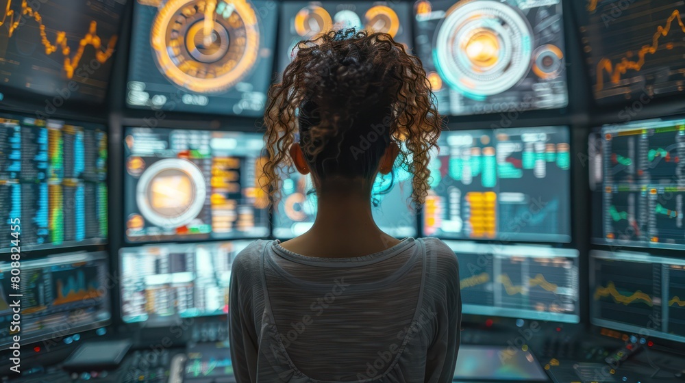 Aerial view of a woman at a large desk covered with multiple screens displaying stock market data, embodying financial acumen. Aerial view of a woman at a large desk covered with multiple screens displaying stock market data, embodying financial acumen.
