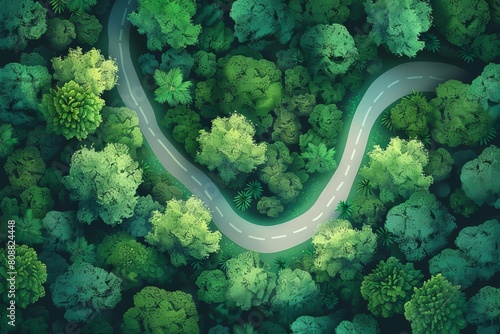 Top view of dark green forest landscape wallpaper art Aerial nature scene of pine trees and asphalt road banner design Countryside path trough coniferous wood form above Adventure ©  Green Creator