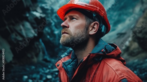 Worker in hard hat standing in the mine photo