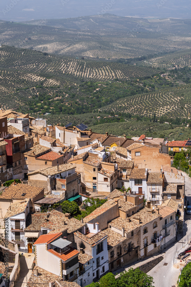 Obraz premium La Iruela houses with a sea of olive trees behind,, Guadalquivir valley, Sierras de Cazorla, Segura and Las Villas N.P., Jaén province, Andalusia, Spain