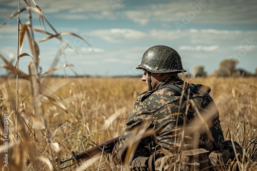 Soldier in Field With Machine Gun