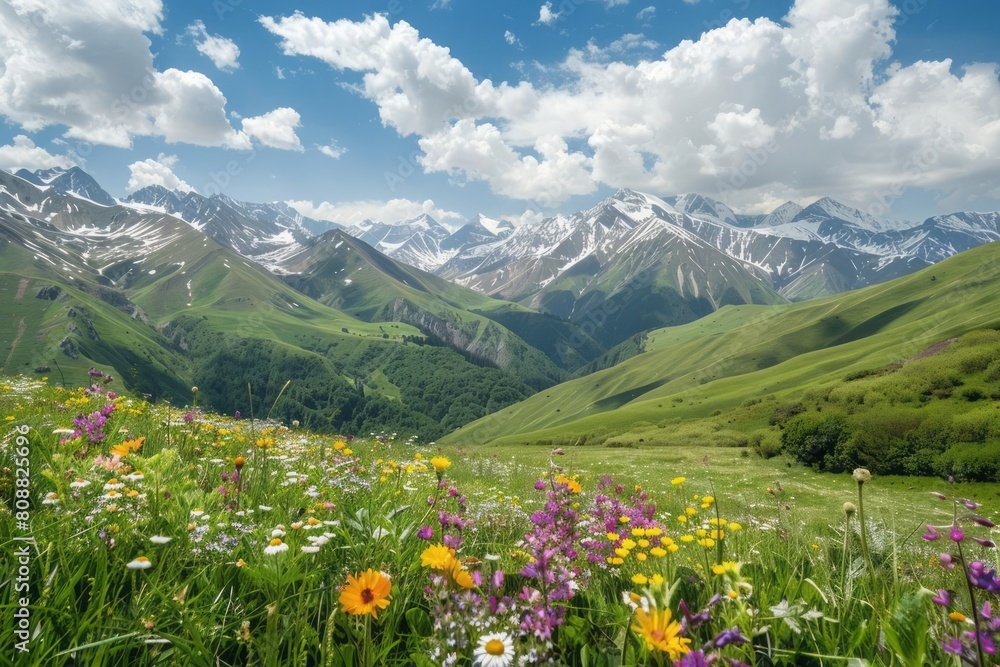 The rugged beauty of a mountain landscape, with snow-capped peaks and wildflowers blooming in the valleys