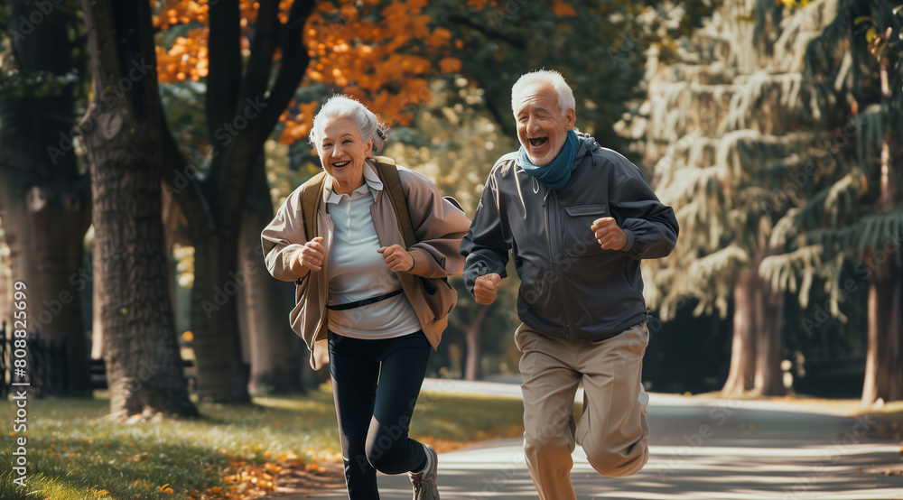 Portrait shot of older couple running together in the park, in the style of joyful and optimistic Portrait shot of older couple running together in the park, in the style of joyful and optimistic