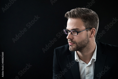 Portrait of young confident guy in eyeglasses over black background with look away. Side view shot of bearded freelancer boss ceo teacher manager in formal clothes, suit. Profile picture