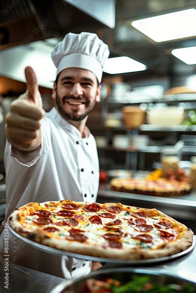 Man Giving Thumbs Up in Front of Pizza Man Giving Thumbs Up in Front of Pizza