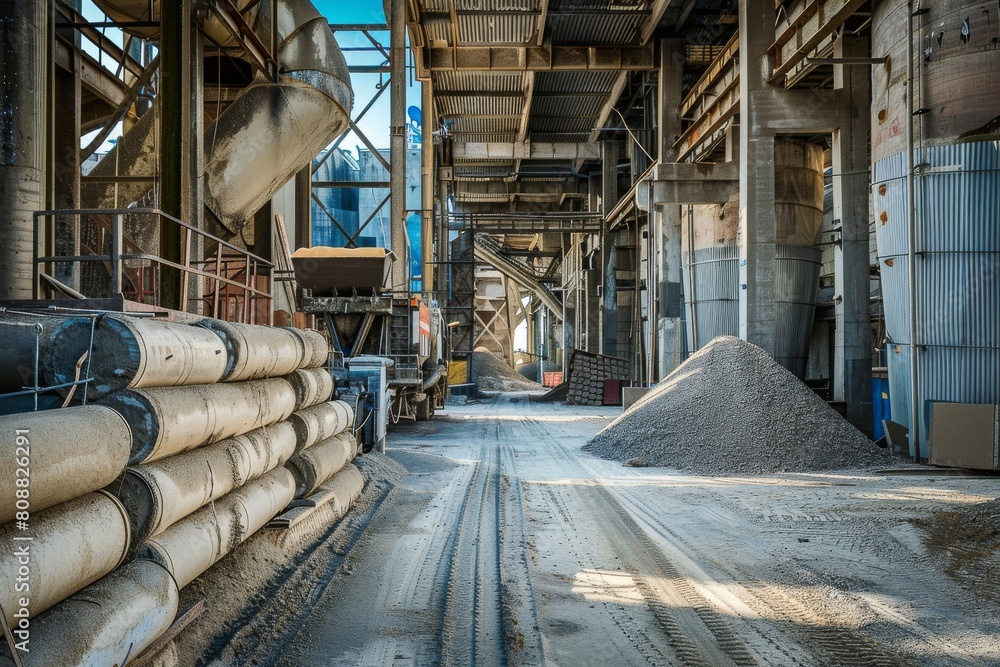 front view of cement manufacturing plant. Concept of buildings at the factory, steel pipes, giants. front view of cement manufacturing plant. Concept of buildings at the factory, steel pipes, giants.
