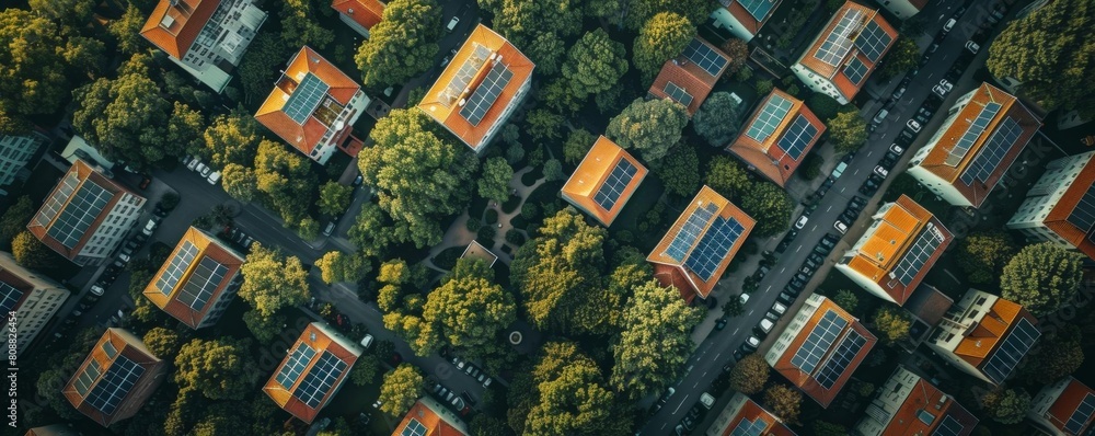 Aerial view of a city where every building sports solar panels, showcasing a modern approach to energy efficiency in urban settings