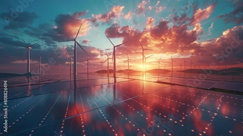 Futuristic 3D rendering of wind turbines equipped with solar panels, a hybrid renewable energy concept against a dynamic sky