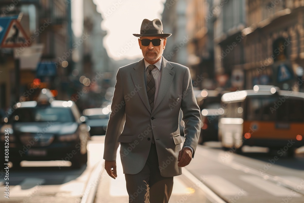 Stylish Businessman Walking Across Street Stylish Businessman Walking Across Street