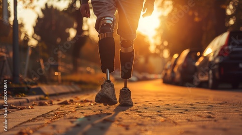 athlete man with prosthetic leg walking outdoor, close up at disabled young man with prosthetic leg walking along the street, prostheses standing, one way to win is to be yourself, generate by AI..