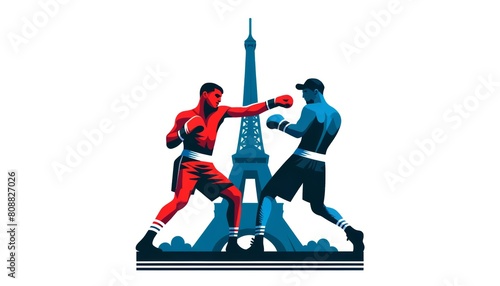 Boxing sport game and Eiffel tower, France, Olympic games 2024