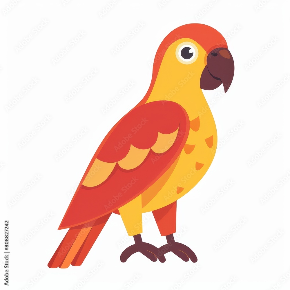 A cartoon parrot is standing on a white background