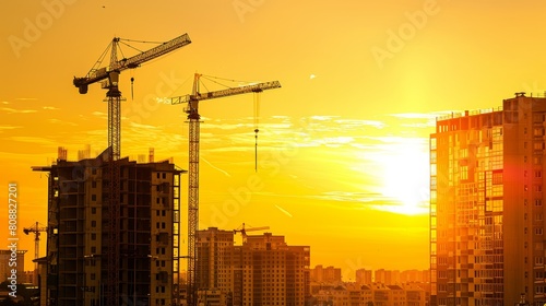 Construction of new residential high-rise buildings. Against the background of a yellow sunset sky, crane, architecture, industrial, development, tower