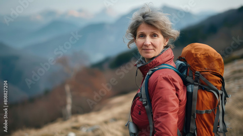 middle aged woman with backpack while hiking looking to the side with beautiful natural background of mountains and trees in spring