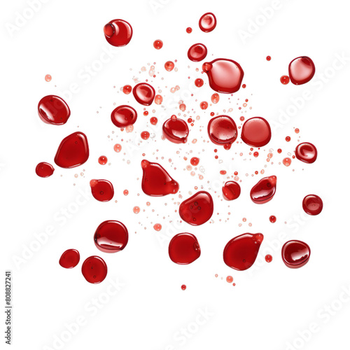 Bright and shiny red blood drops isolated on transparent background, PNG file. Vibrant blood stains or splashes