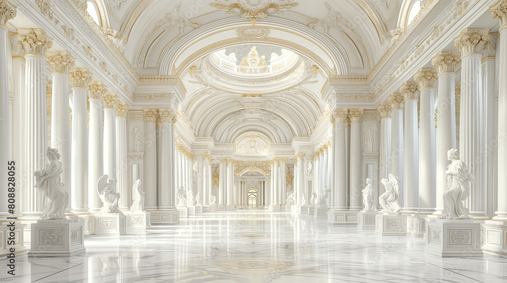 An opulent white marble interior with statues and ornate gold detailing, lit by natural light, conveying grandeur and elegance. Generative AI