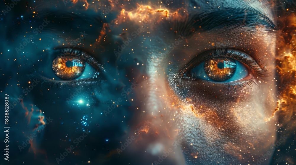 A surreal portrait of a person with eyes that mirror the universe, stars and nebulae swirling within, set against a deep space background A surreal portrait of a person with eyes that mirror the universe, stars and nebulae swirling within, set against a deep space background