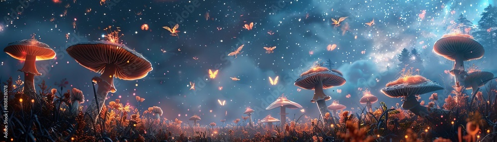 A surreal scene in a vast, open meadow under a starry sky, with giant, glowing mushrooms and fairylike creatures flitting around them