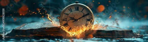 A surreal art piece showing a clock melting over ancient texts, symbolizing the elusive nature of time and its passage photo
