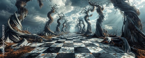 A surreal depiction of a giant chessboard stretching into the horizon, with chess pieces made of twisting, living vines