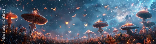 A surreal scene in a vast, open meadow under a starry sky, with giant, glowing mushrooms and fairylike creatures flitting around them photo