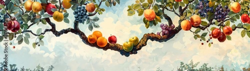 A symbolic scene of a tree with branches laden with diverse fruits, each representing a different zoonotic disease, illustrating natures unpredictable bounty photo