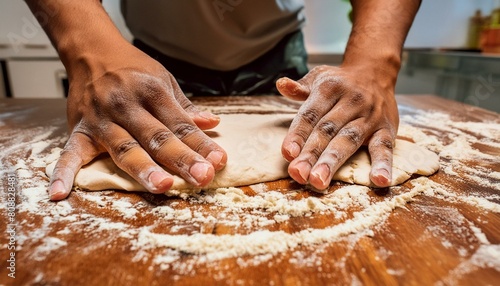 hands kneading dough, preparing dough for baking, baker kneading dough on table, hands kneading dough on table, Pizza Process Dough Preparation Close-up shots of the hands kneading and stretching pizz