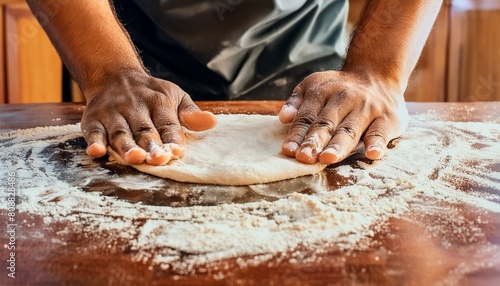 hands kneading dough, preparing dough for baking, baker kneading dough on table, hands kneading dough on table, Pizza Process Dough Preparation Close-up shots of the hands kneading and stretching pizz