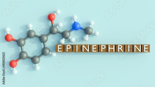 3d rendering of epinephrine or adrenaline molecule and epinephrine on the word blocks photo