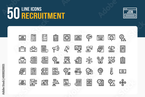 Set of 50 Recruitment icons related to Job Listing, Resume, CV, Application Form Line Icon collection