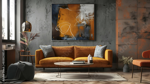 Abstract art painting of an interior design, retro living room with brown sofa and coffee table in front of grey wall background
